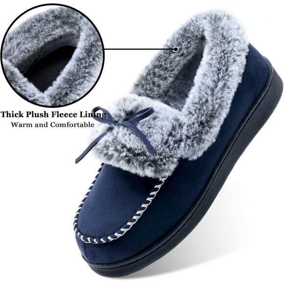 Women's Dark Blue Fuzzy Fluffy Warm Winter Closed Back Fur Lined Slippers Boot - Picture 4 of 6